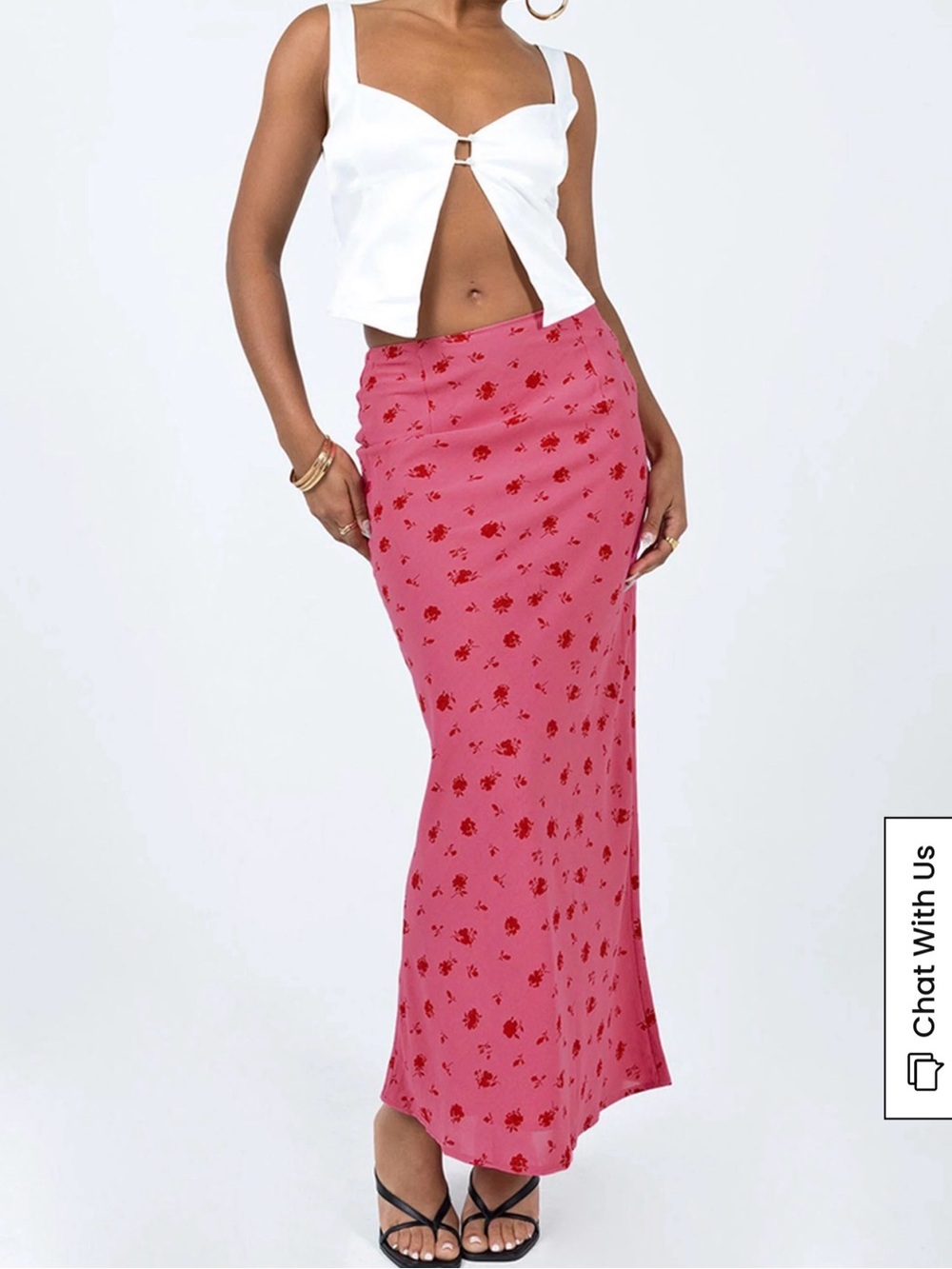 Princess Polly Pink Maxi Skirt with Red Floral Print